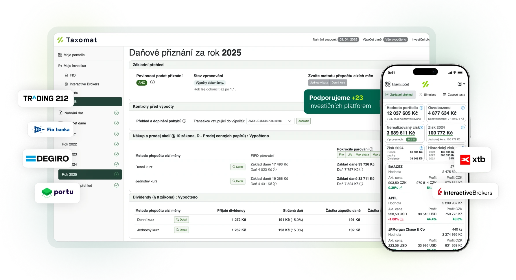 Daňové přiznání a investiční portfolio v aplikaci Taxomat