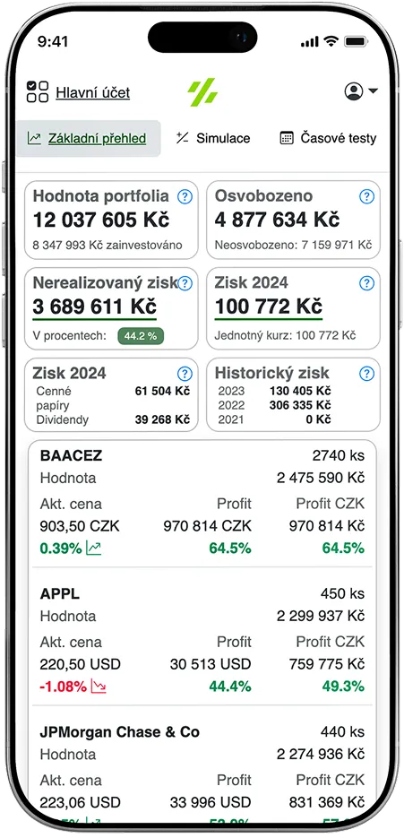 Přehled investičního portfolia v mobilní aplikaci Taxomat
