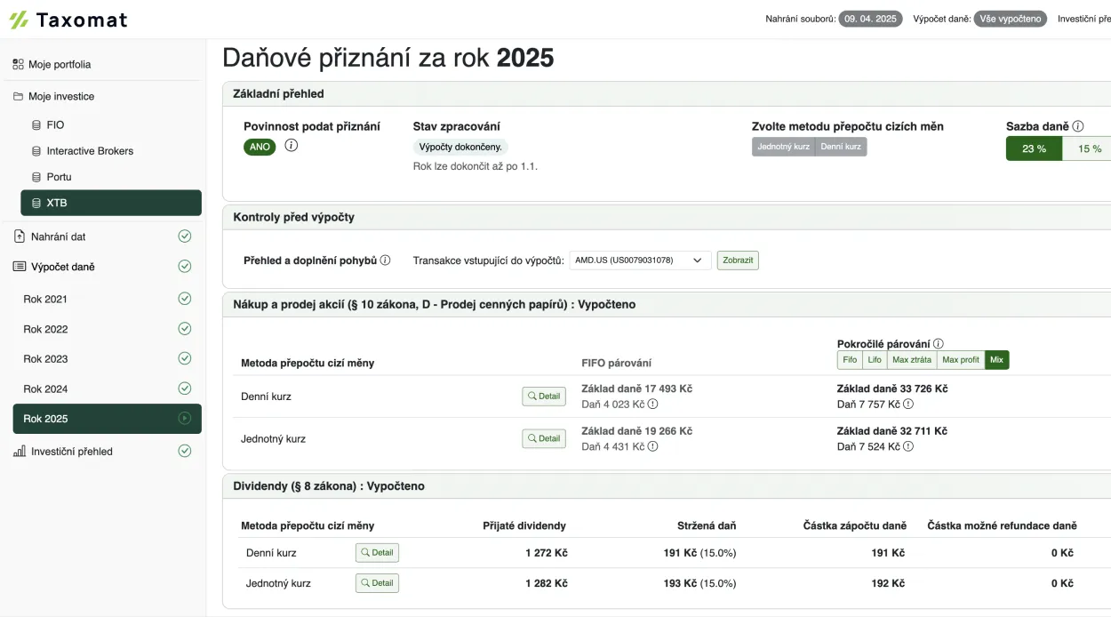 Výpočet daně z investic v aplikaci Taxomat