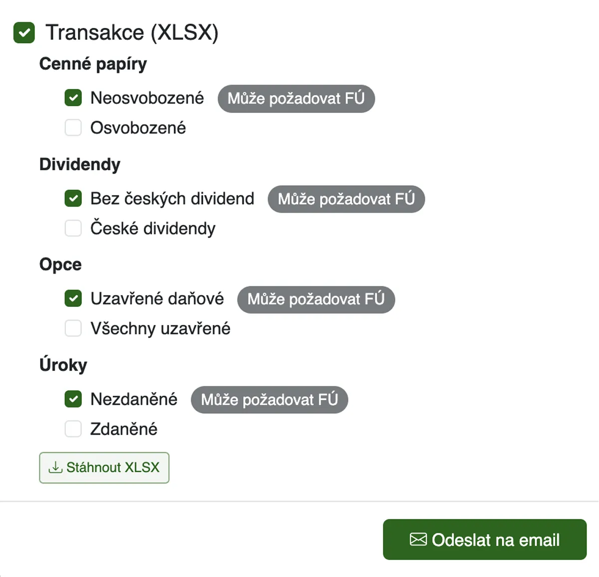 Výběr podkladů ke stažení v aplikaci Taxomat