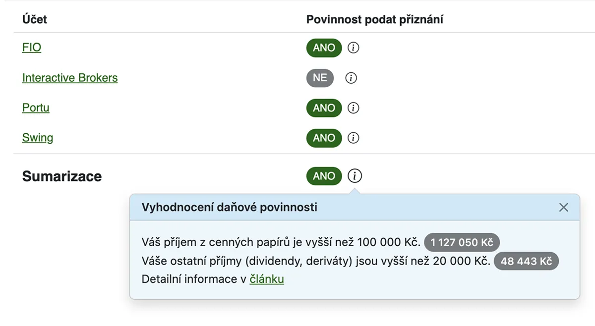 Vyhodnocení povinnosti podat daňové přiznání v Taxomatu