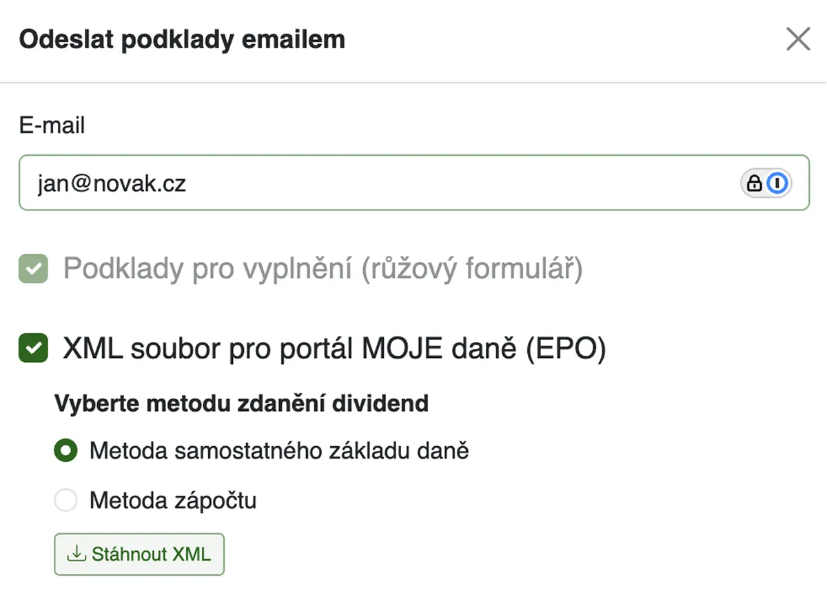 Odeslání daňových podkladů e-mailem z aplikace Taxomat