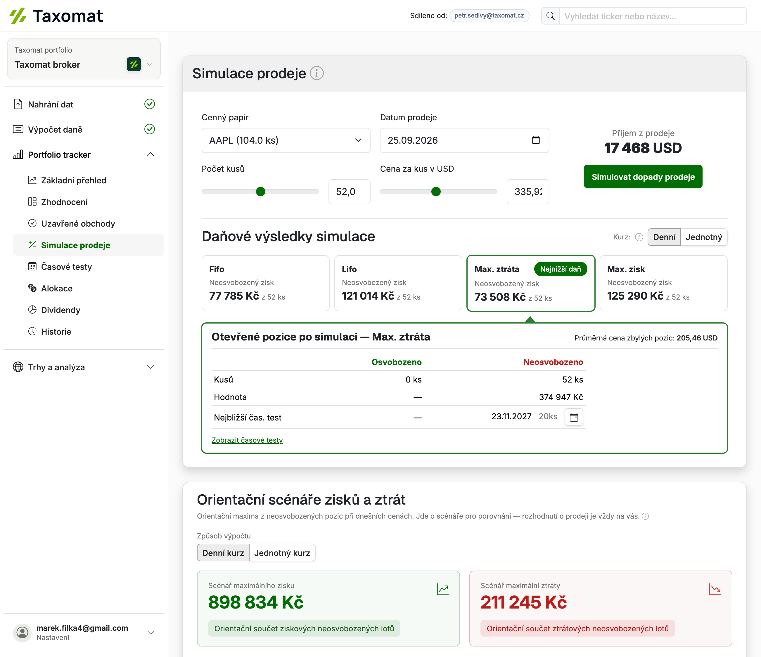 Simulace prodeje a porovnání daňových výsledků v Taxomatu