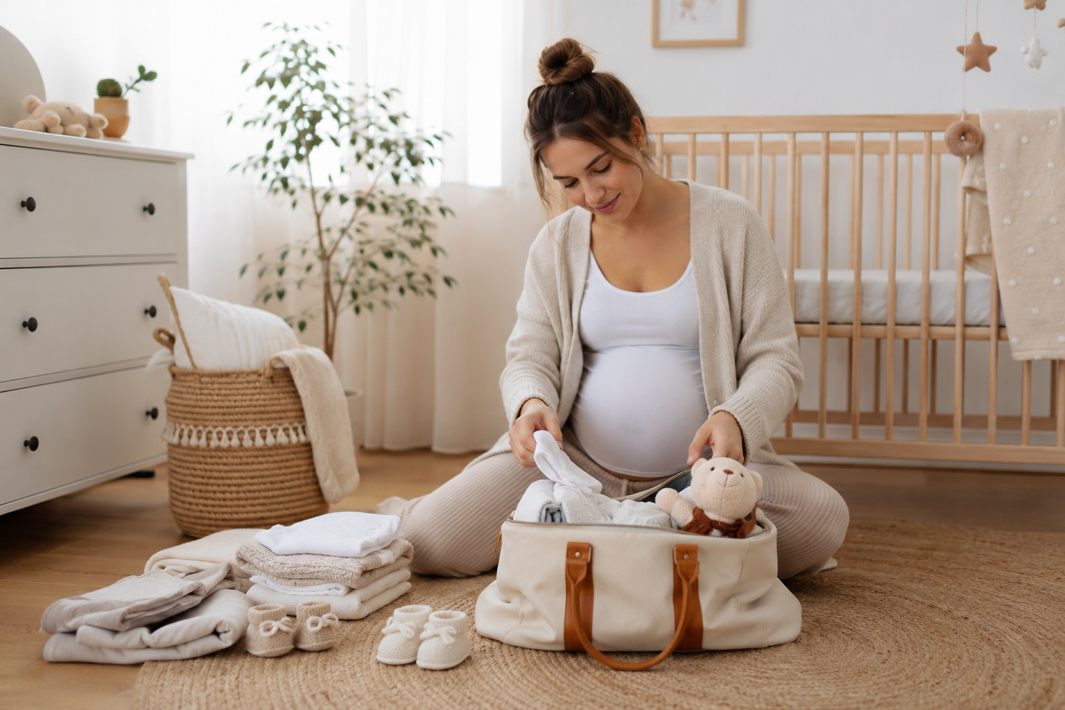 Zwangere vrouw zit op de vloer en pakt babykleding uit in een kamer met een wieg en kast.