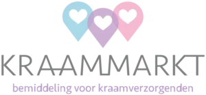Logo van Kraam Markt met drie hartvormige symbolen en slogan kraamverzorging aan huis.