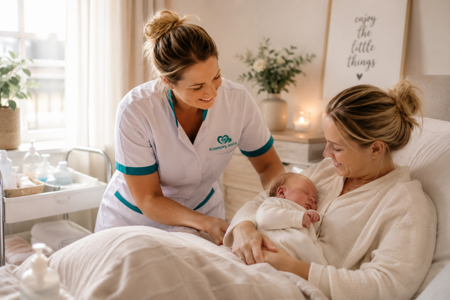 Kraamverzorgende helpt moeder die blij haar slapende baby vasthoudt in een warm verlichte slaapkamer.