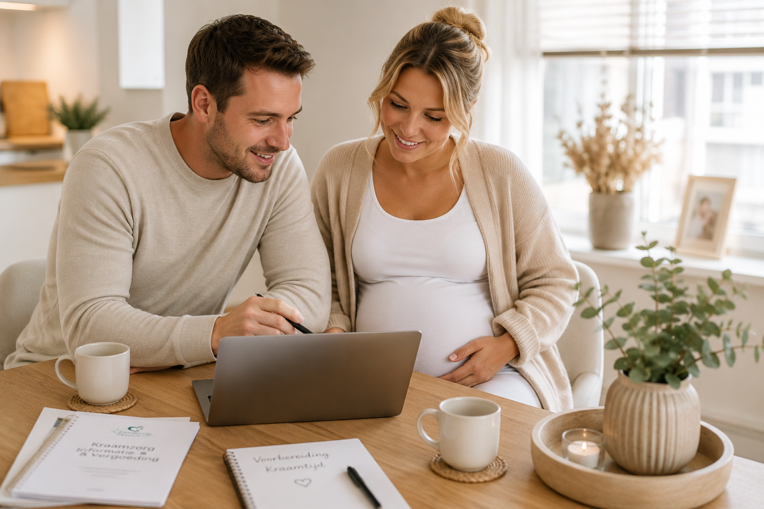 Pregnant vrouw en man bekijken samen informatie op laptop aan houten tafel met documenten en mokken.