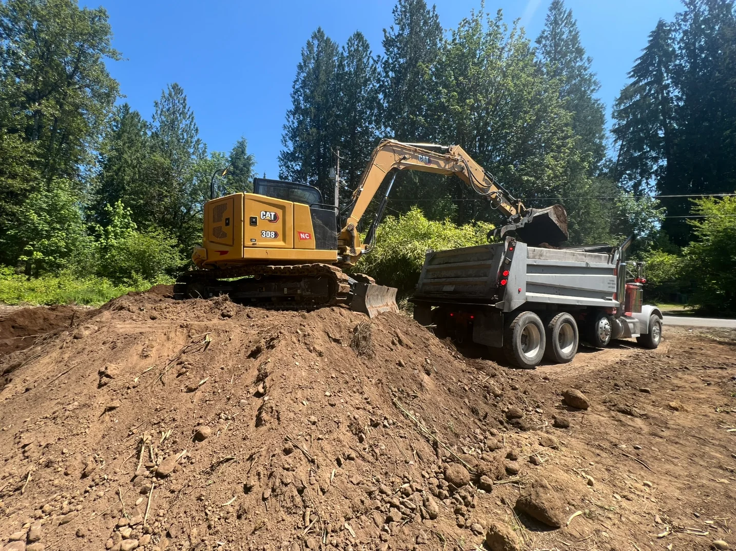  Mini excavator loading spoil into a haul truck during site cleanup on a Seattle-area clearing job
