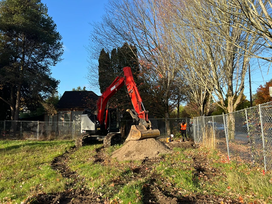Excavator removing a tree stump on a fenced property during land clearing in the Seattle area
