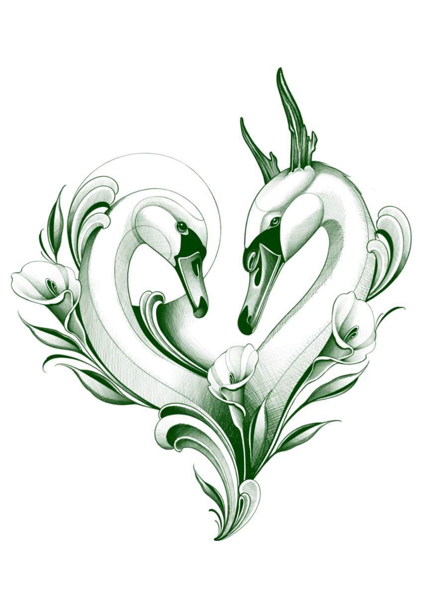 Tattoo flash of two swans forming a heart shape surrounded by calla lilies and foliage, in detailed green ink.