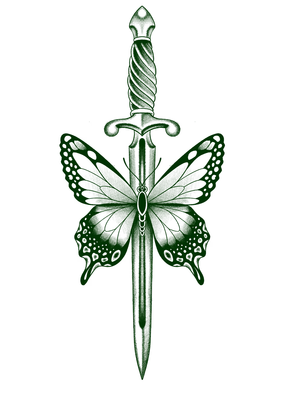 Tattoo flash art of a monarch butterfly impaled on a dagger, detailed in traditional green ink style.