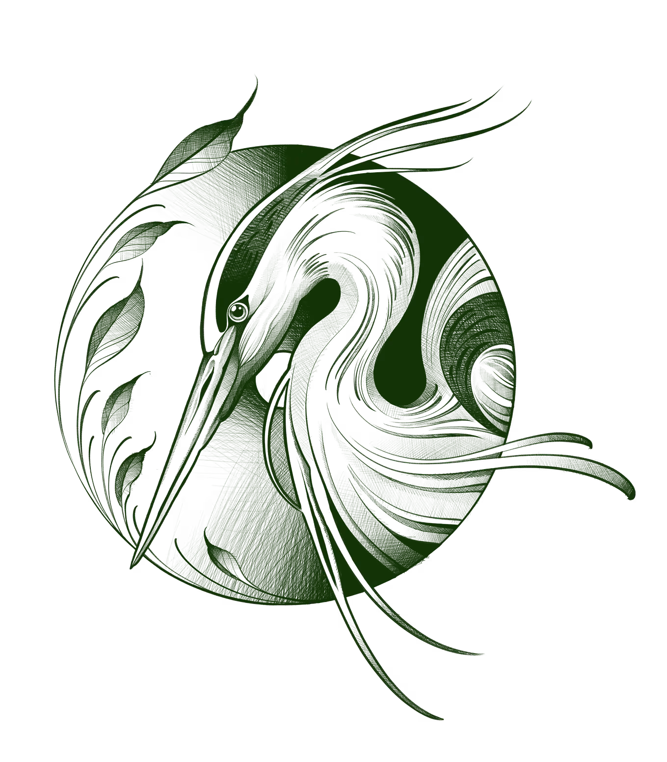 Tattoo flash art of an elegant heron within a circular botanical composition, rendered in fine-line green ink.