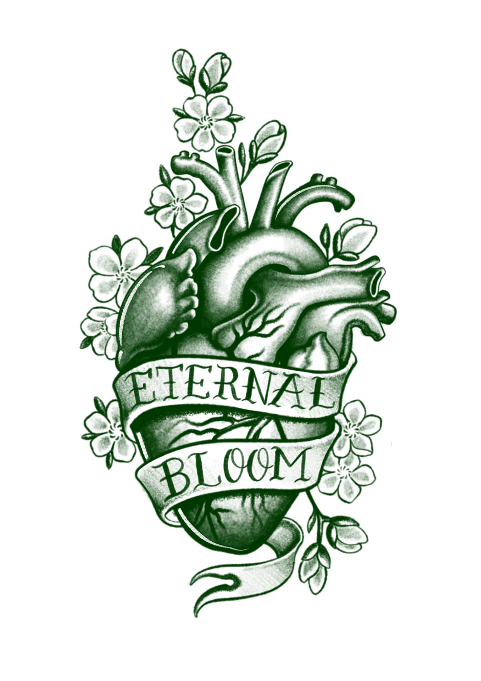 Tattoo flash of an anatomical heart with cherry blossoms and an Eternal Bloom banner, in green ink.