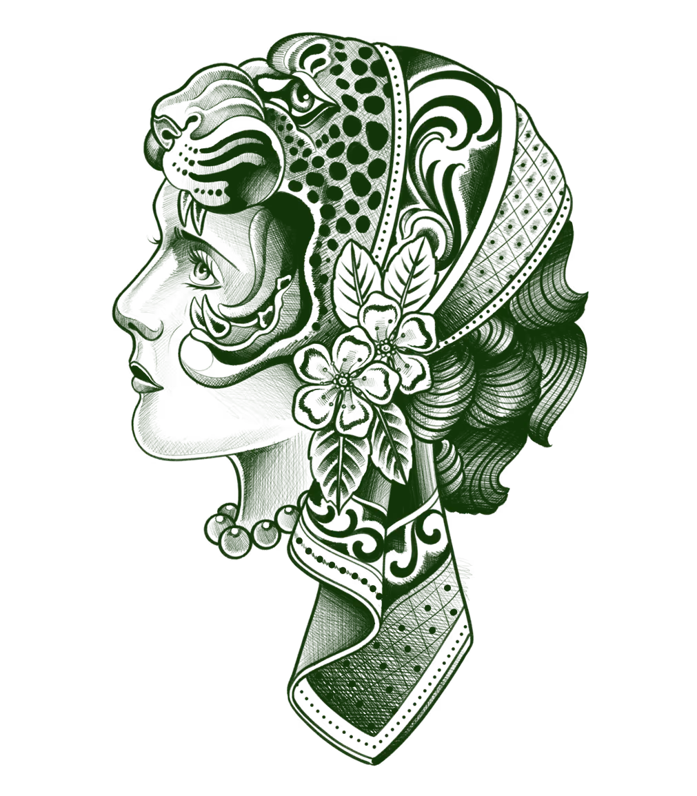 Traditional tattoo flash of a woman's profile in an ornate headdress featuring a leopard, flowers and gems.