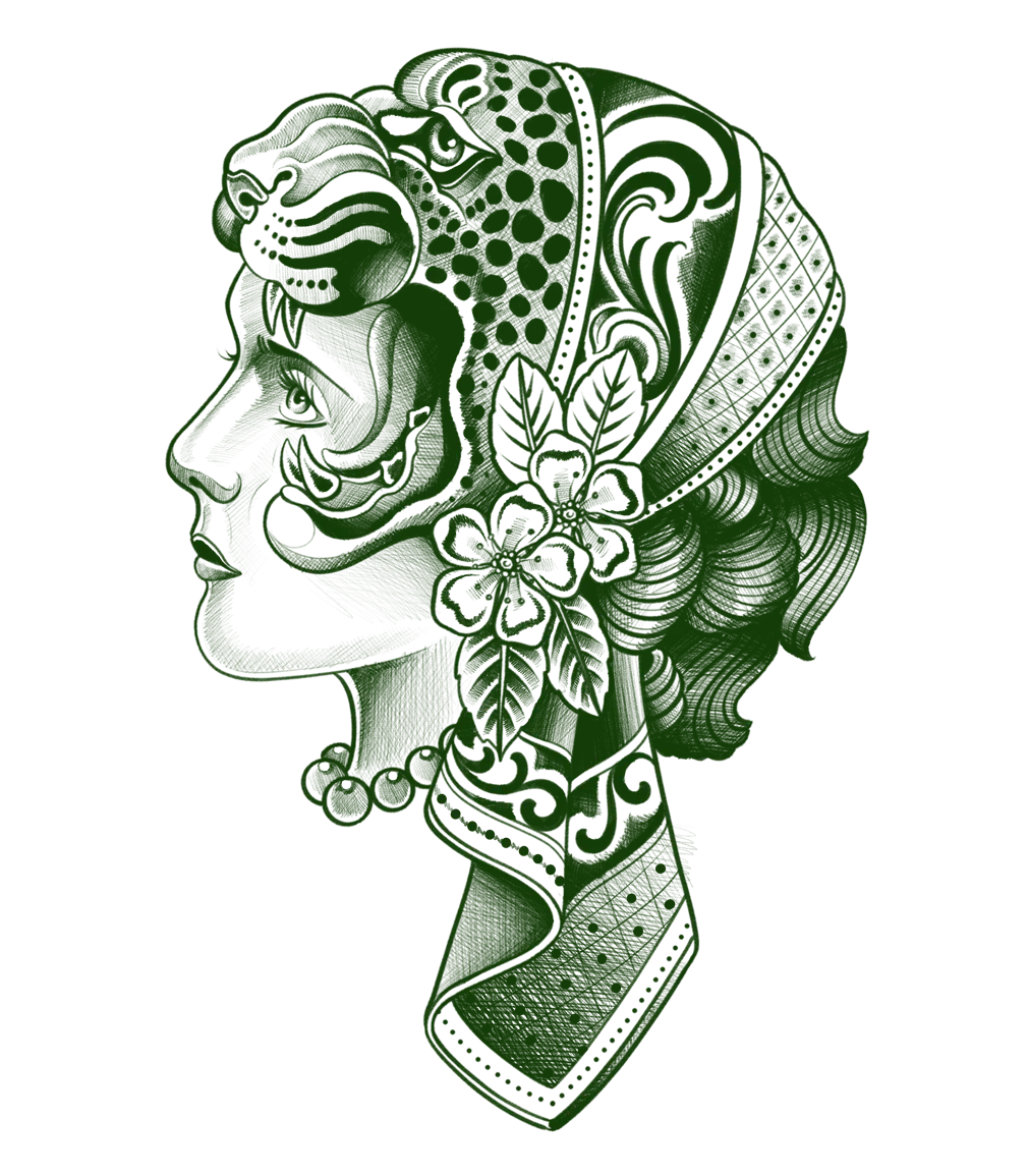 Traditional tattoo flash of a woman's profile in an ornate headdress featuring a leopard, flowers and gems.