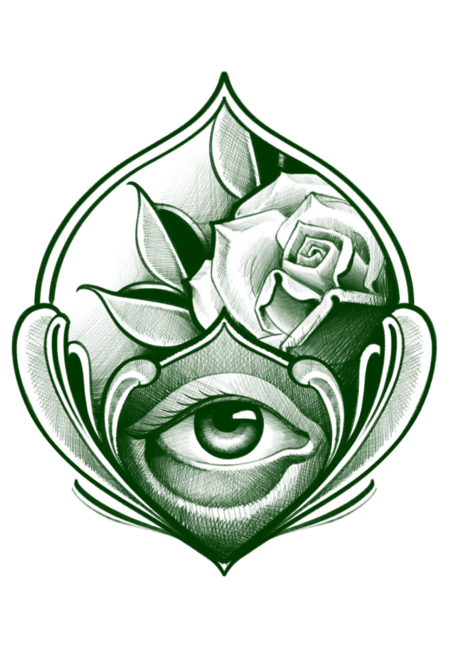 Tattoo flash of an all-seeing eye beneath a rose in an ornamental teardrop frame, rendered in green ink.