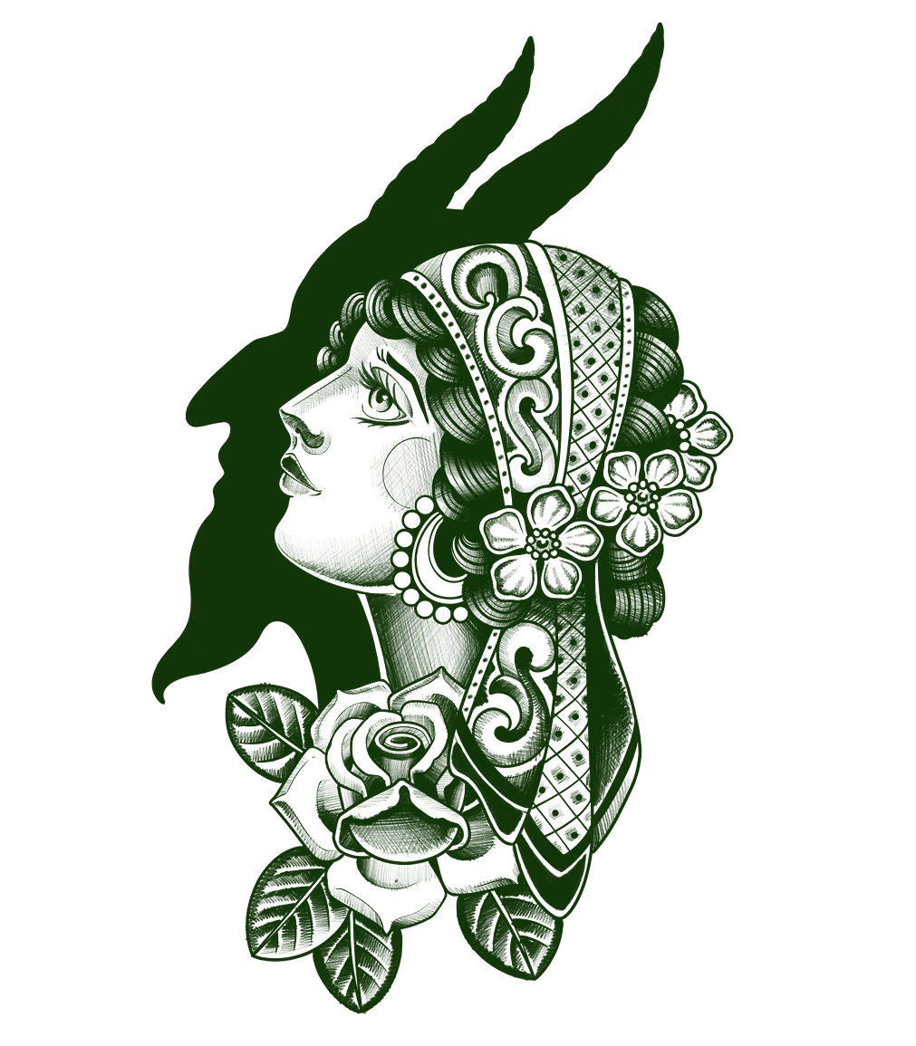 Traditional tattoo flash of a woman's profile with an ornate headscarf, roses, and a dark silhouette behind.