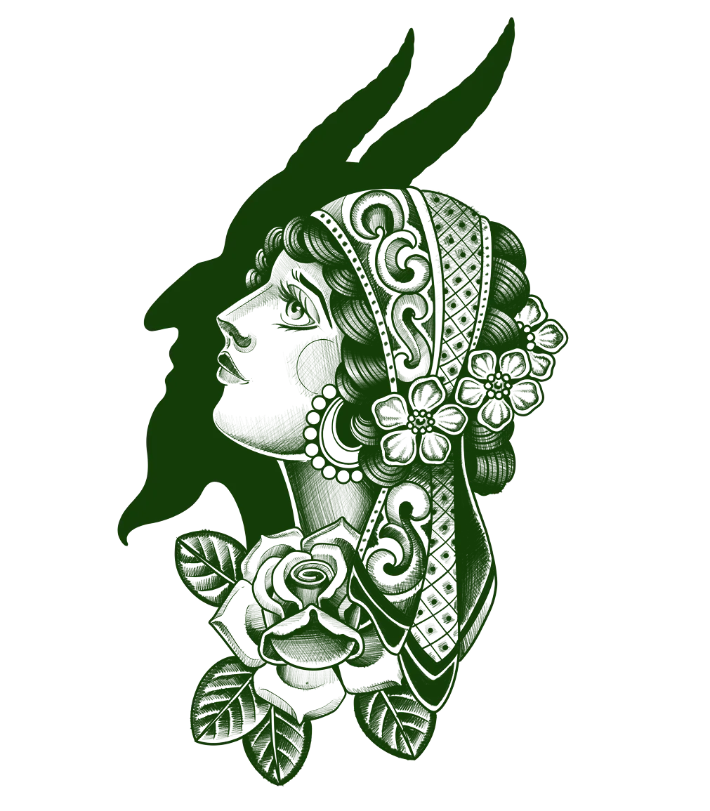 Traditional tattoo flash of a woman's profile with an ornate headscarf, roses, and a dark silhouette behind.