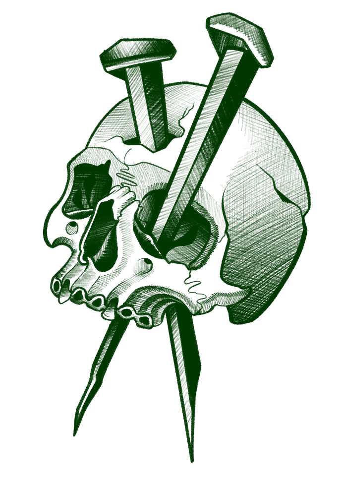 Tattoo flash of a skull pierced by three large nails, with cracked teeth and bold graphic linework in green ink.