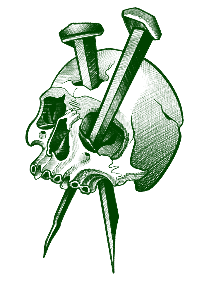 Tattoo flash of a skull pierced by three large nails, with cracked teeth and bold graphic linework in green ink.