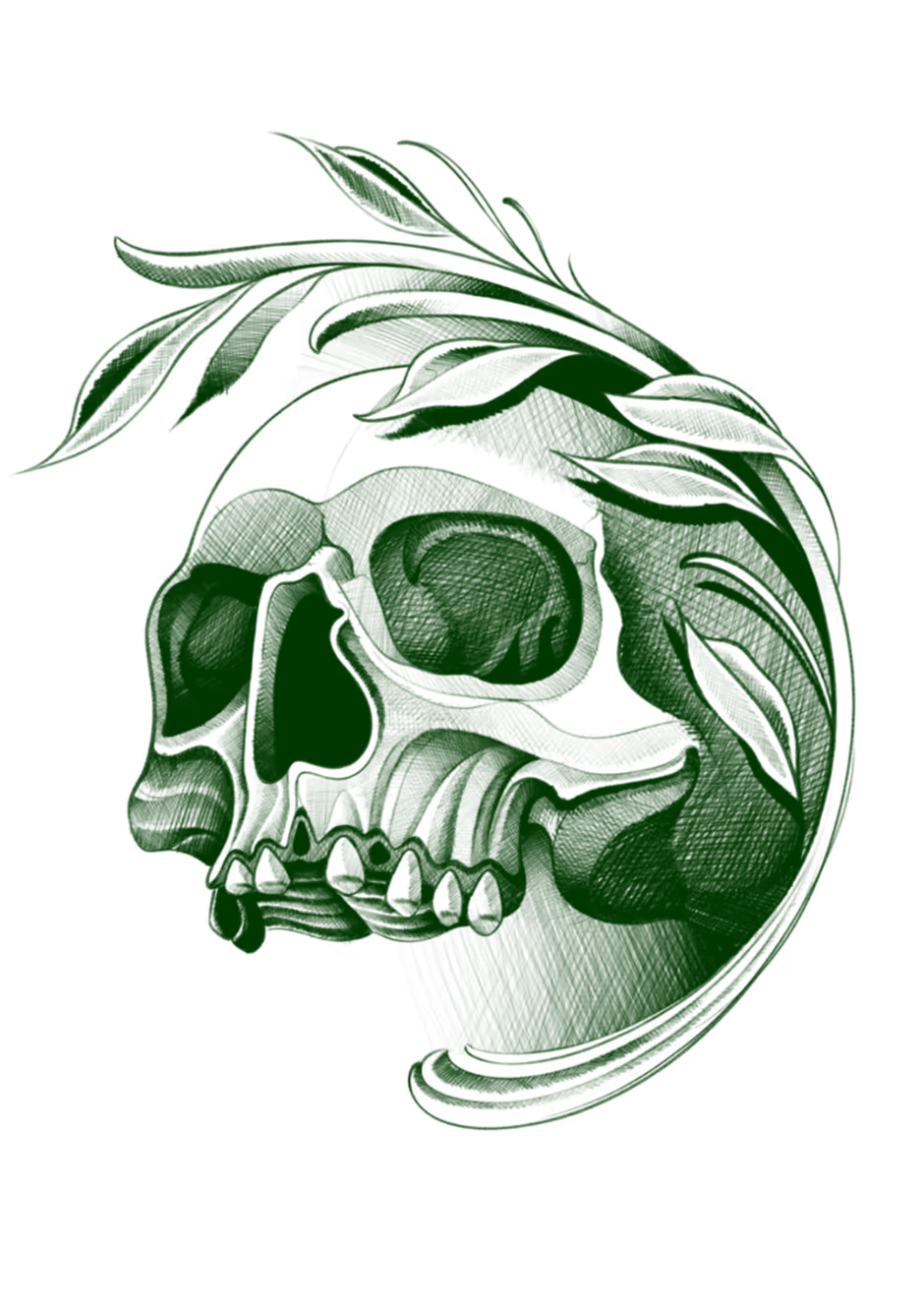 Tattoo flash art of a side-profile skull adorned with flowing botanical leaves, in detailed green ink shading.