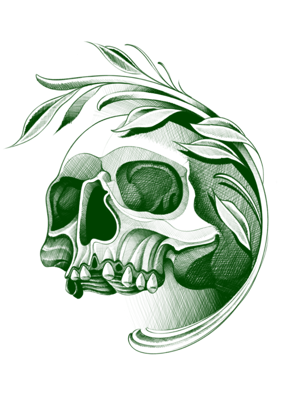 Tattoo flash art of a side-profile skull adorned with flowing botanical leaves, in detailed green ink shading.
