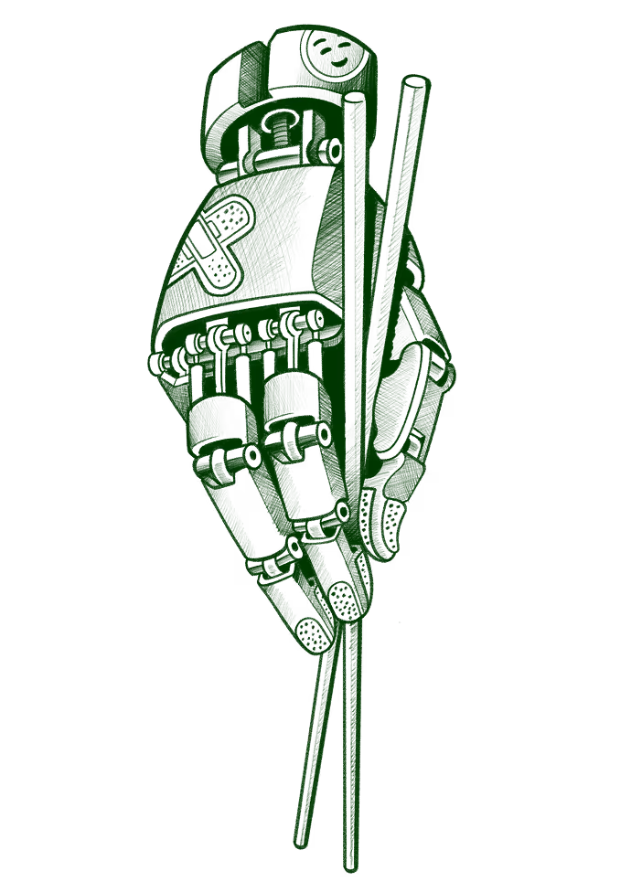 Tattoo flash of a mechanical robotic hand holding chopsticks, with bandage and bolt details, in green ink.
