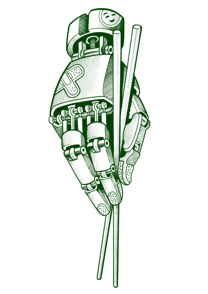 Tattoo flash of a mechanical robotic hand holding chopsticks, with bandage and bolt details, in green ink.