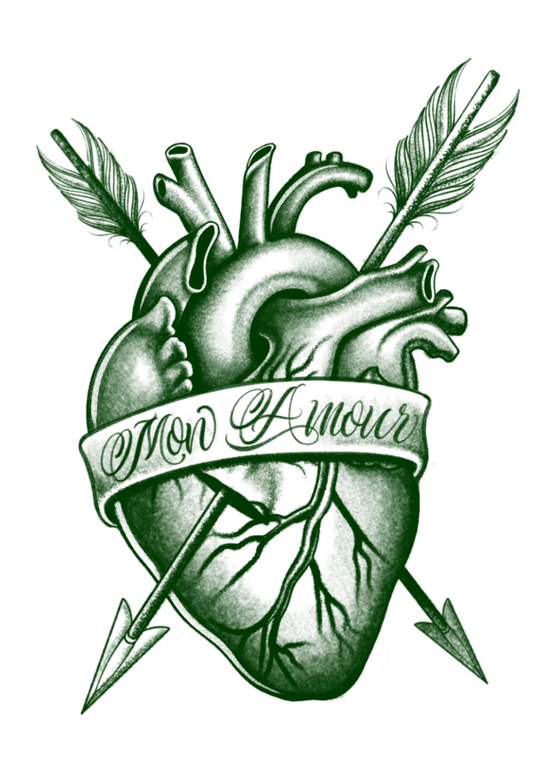 Tattoo flash of an anatomical heart pierced by feathered arrows with a Mon Amour script banner, in green ink.