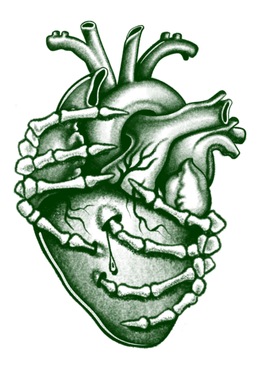 Tattoo flash of skeleton hands cradling an anatomical heart with a cracked smiling face detail, in green ink.