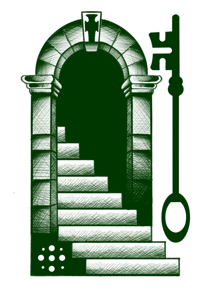 Tattoo flash of a stone archway with descending stairs and a large ornate key beside it, in green ink.