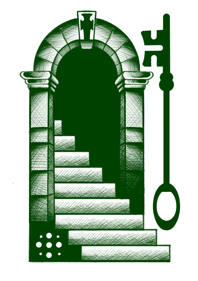 Tattoo flash of a stone archway with descending stairs and a large ornate key beside it, in green ink.