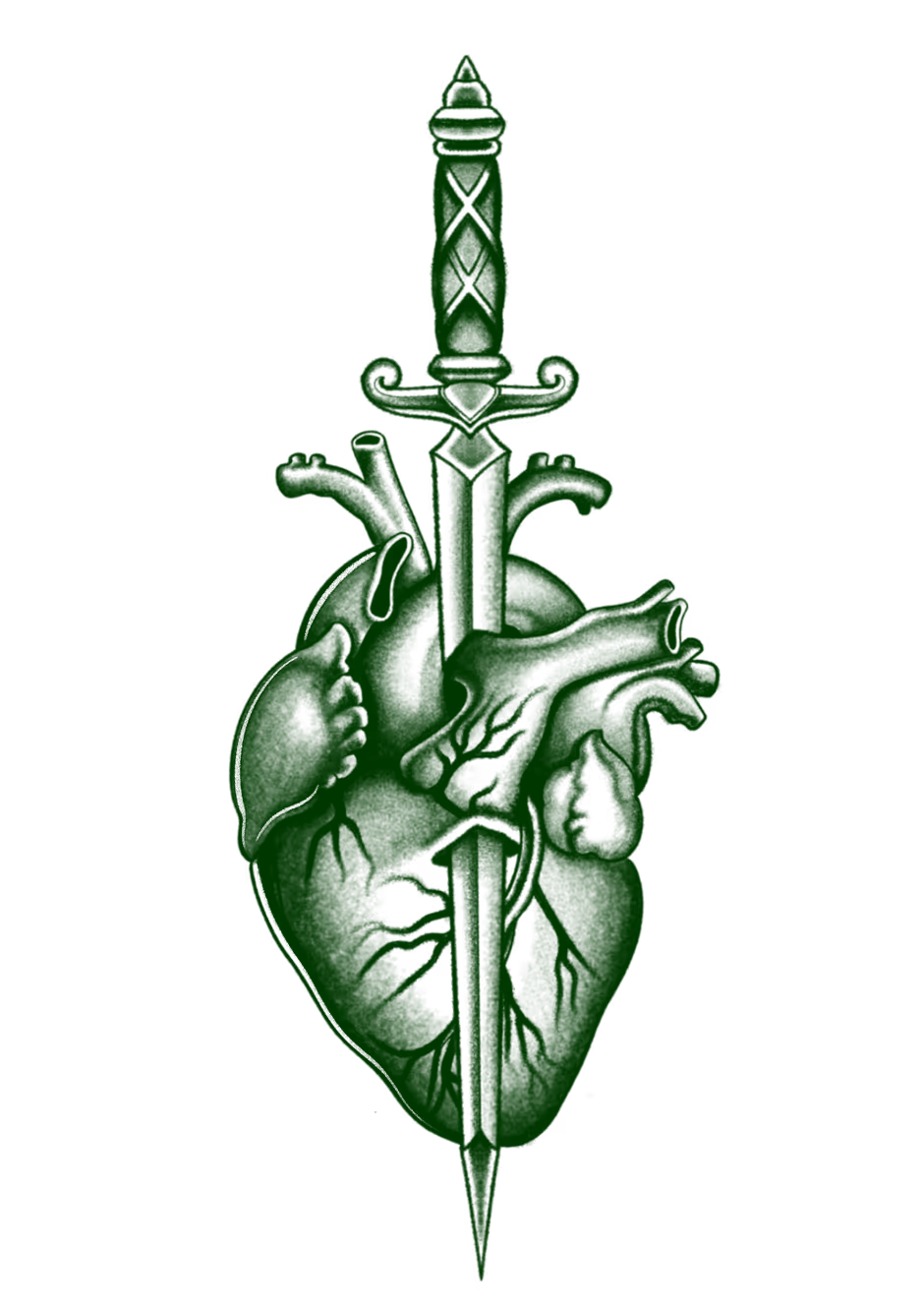 Tattoo flash of a dagger piercing an anatomical heart, rendered in bold green ink with fine cross-hatching.