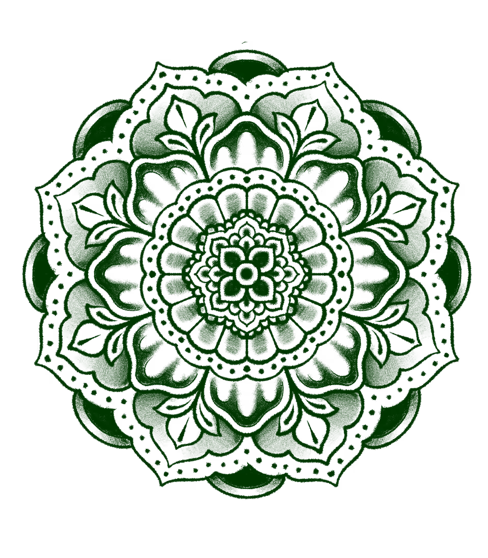 Tattoo flash of a symmetrical mandala flower with layered petals and dotwork detail, in deep green ink.