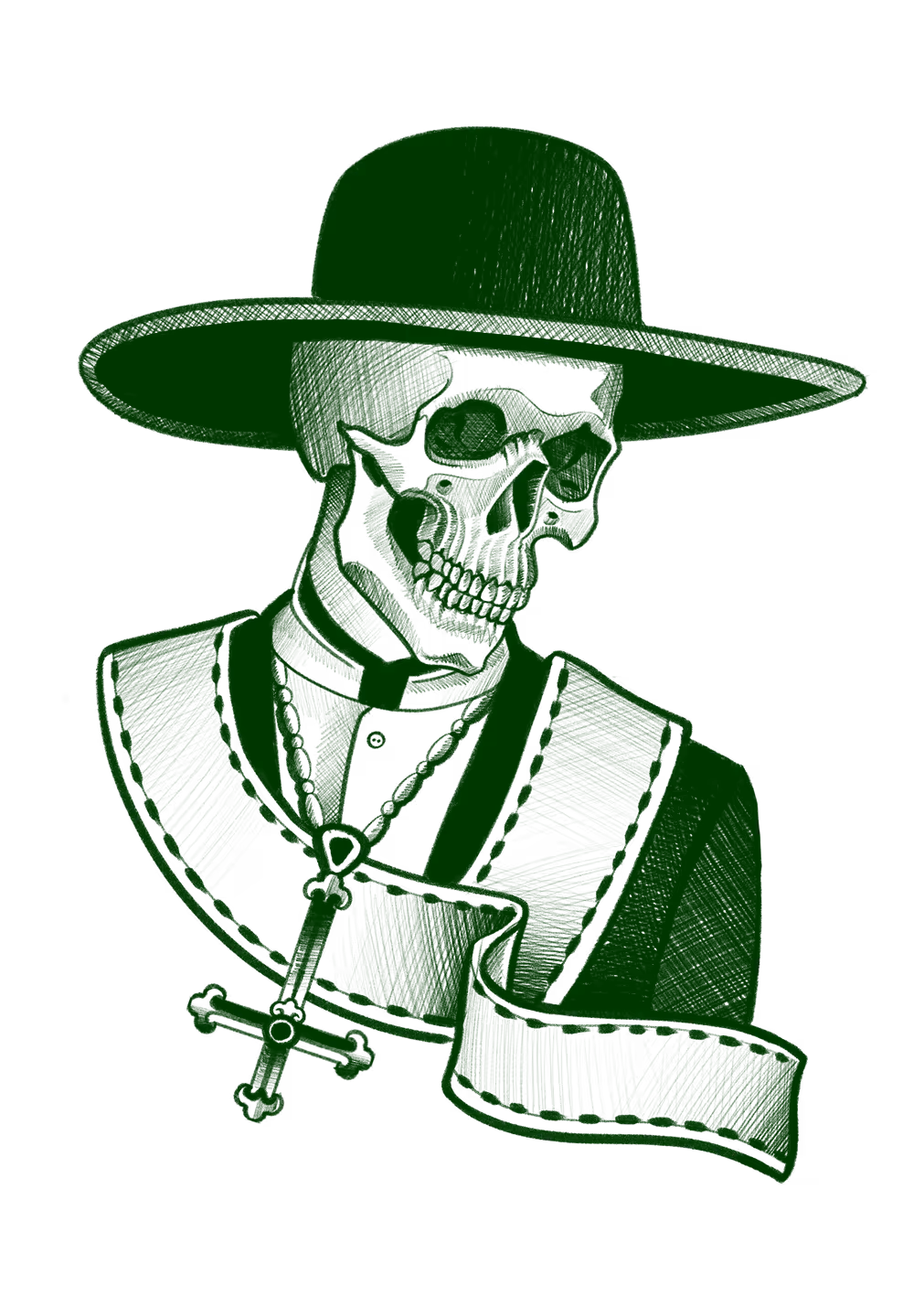 Tattoo flash of a skeleton dressed as a priest wearing a wide-brimmed hat with a rosary cross, in green ink.