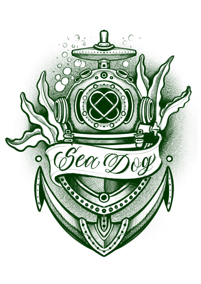 Tattoo flash of a vintage deep-sea diver helmet on an anchor with kelp and a Sea Dog banner, in detailed green ink.