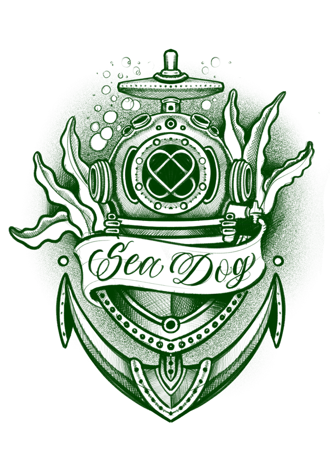 Tattoo flash of a vintage deep-sea diver helmet on an anchor with kelp and a Sea Dog banner, in detailed green ink.