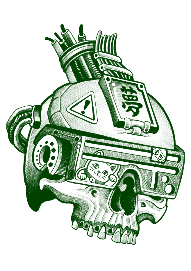 Tattoo flash of a cyberpunk skull fitted with mechanical components, kanji text, and a lucky cat detail, in green ink.