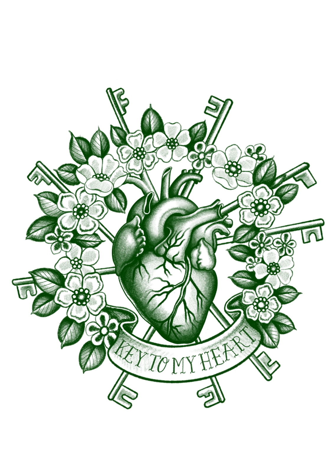 Tattoo flash of an anatomical heart surrounded by flowers, leaves, and crossed skeleton keys with a Key to My Heart banner.