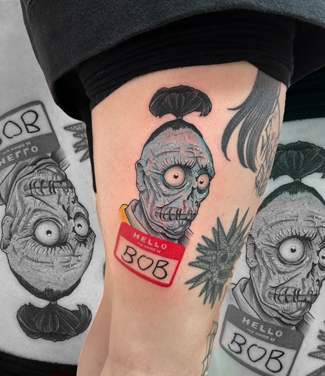 neo traditional tattoo of a shrunken head