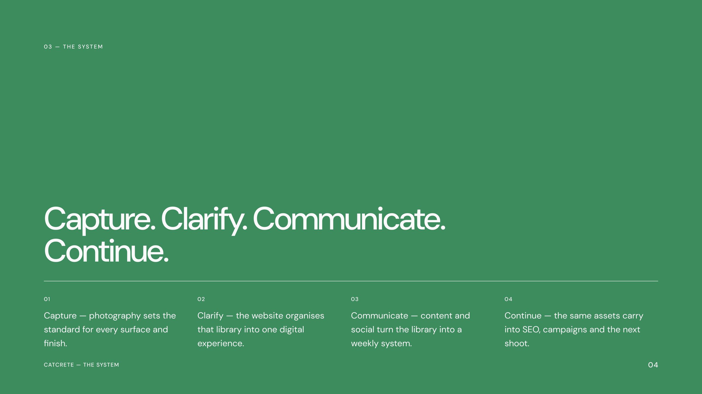 Catcrete content framework diagram showing Capture, Clarify, Communicate and Continue