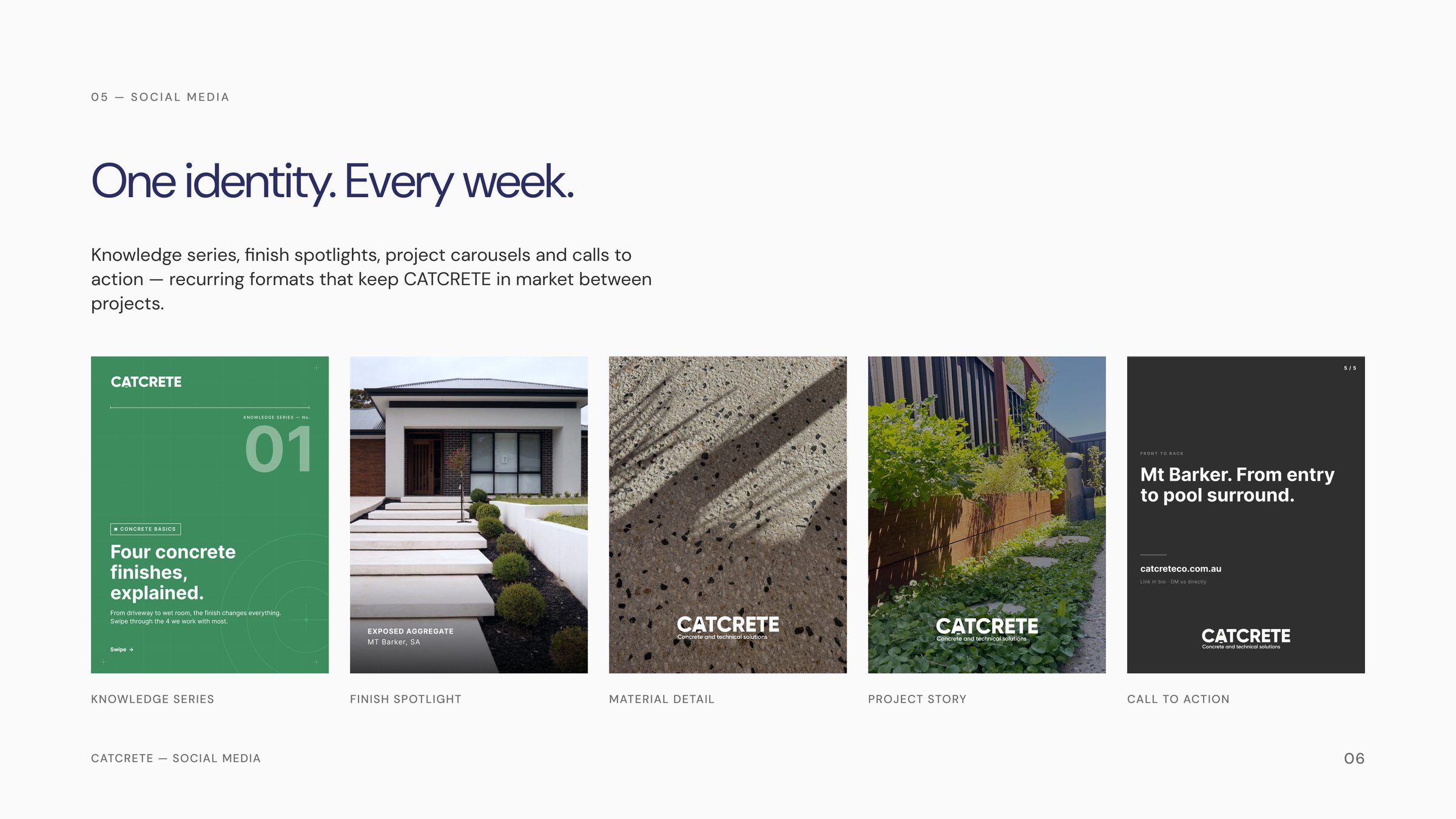 Catcrete social content system showing knowledge series, finish spotlight, project story and call to action formats