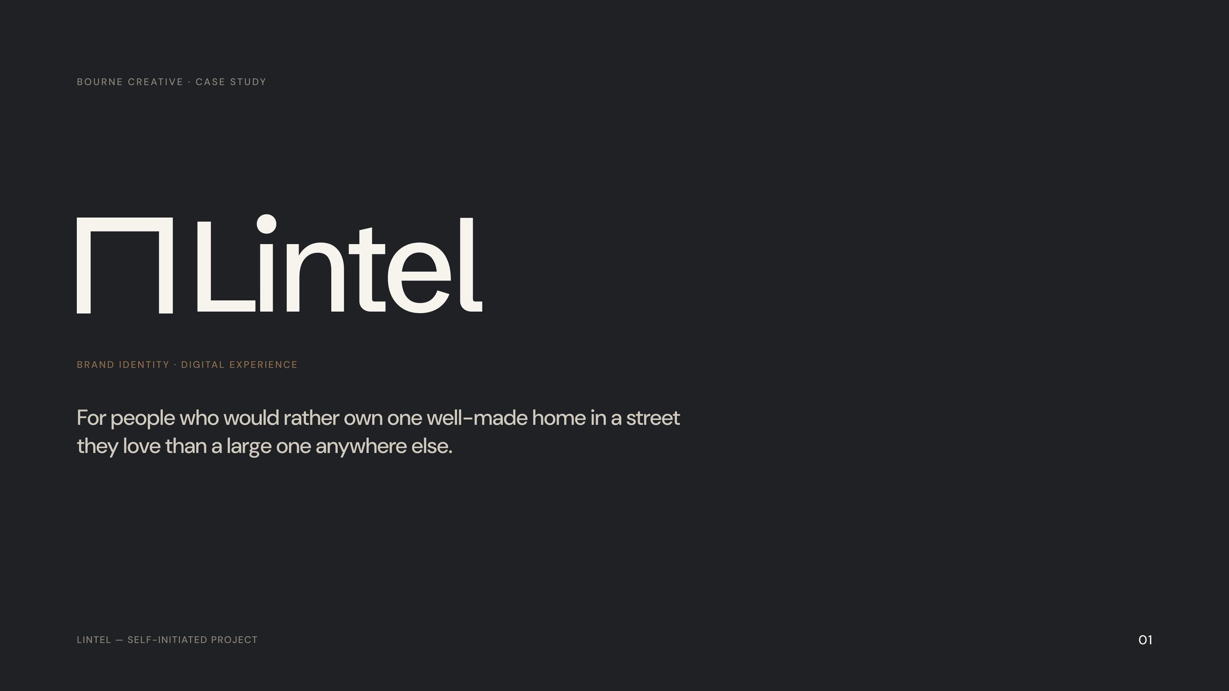 Lintel brand identity case study cover with the monogram and wordmark on bluestone