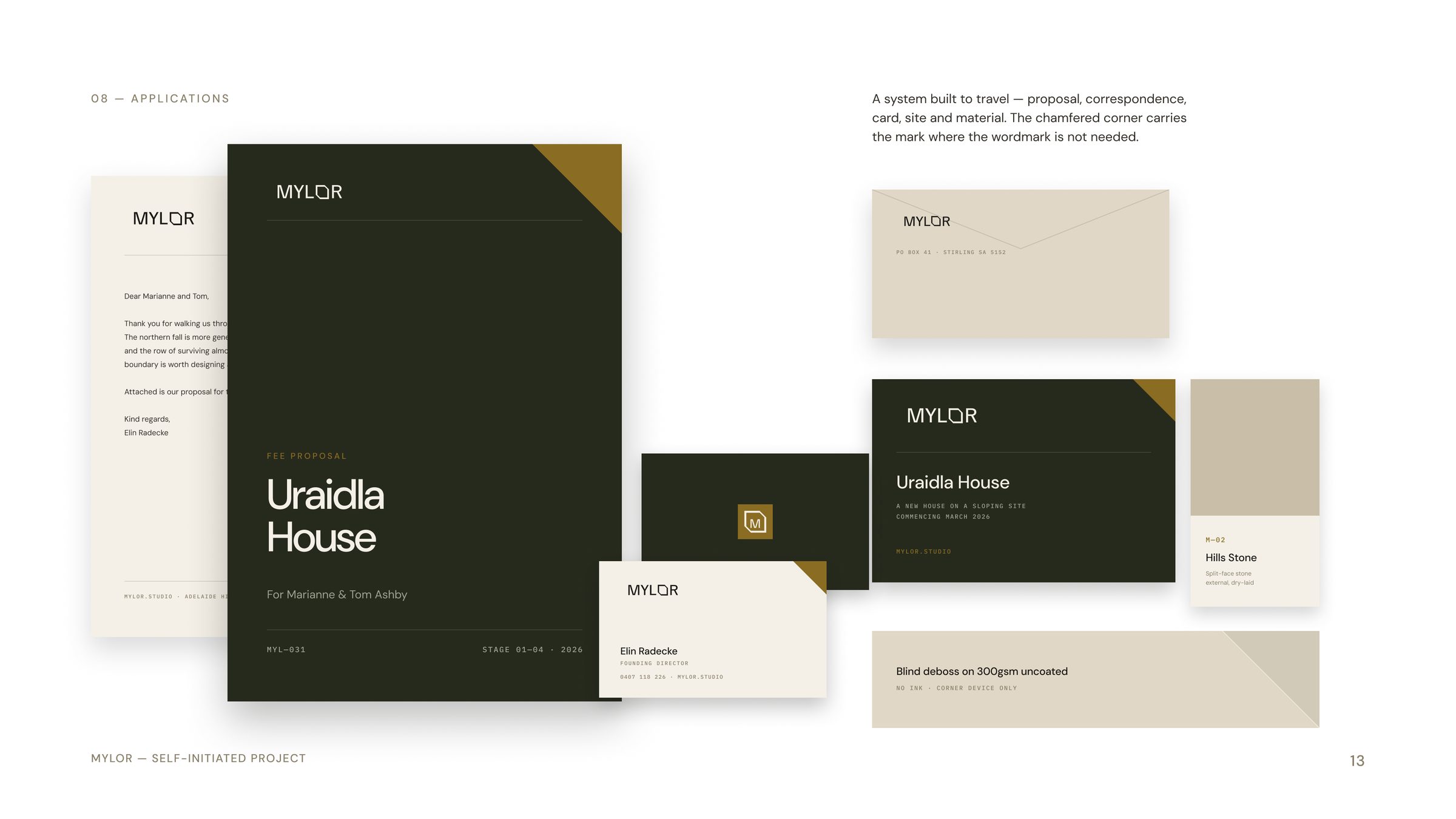 Mylor brand applications including letterhead, business card, site board and material sample