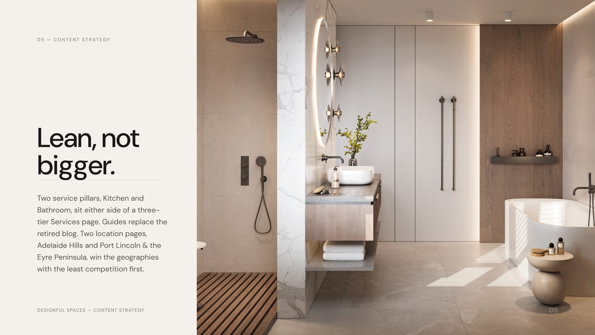 Website architecture spread from the Designful Spaces case study: a lean, two-pillar site structure