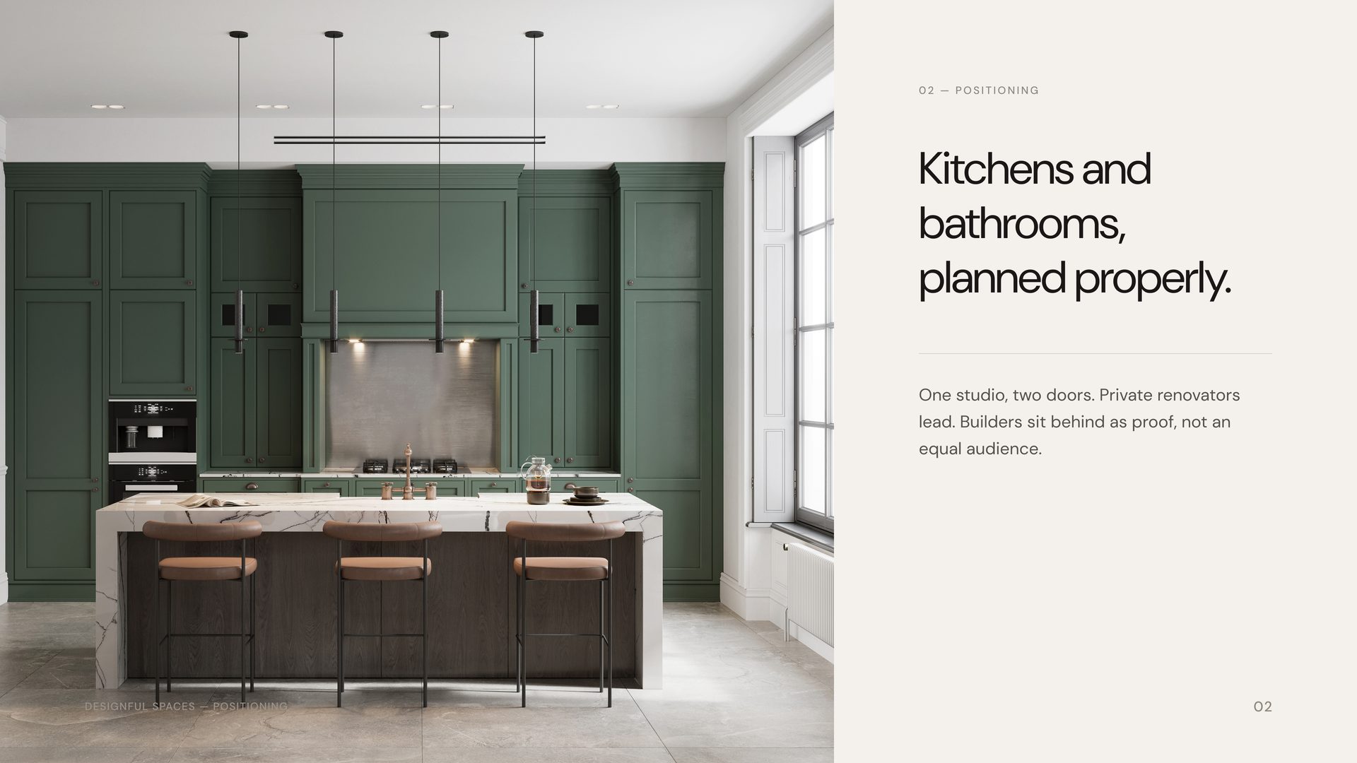 Positioning statement spread from the Designful Spaces case study: kitchens and bathrooms, planned properly