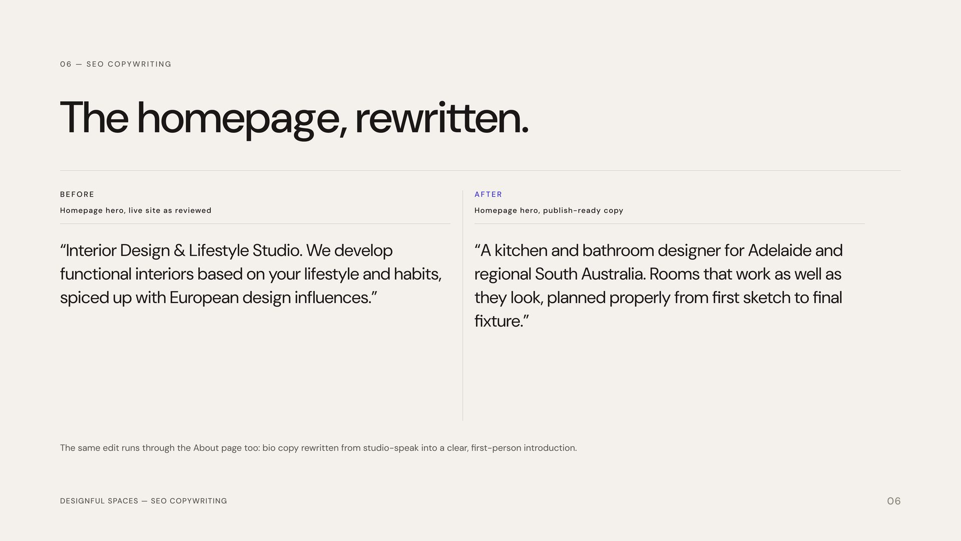 Before and after homepage copywriting spread from the Designful Spaces case study