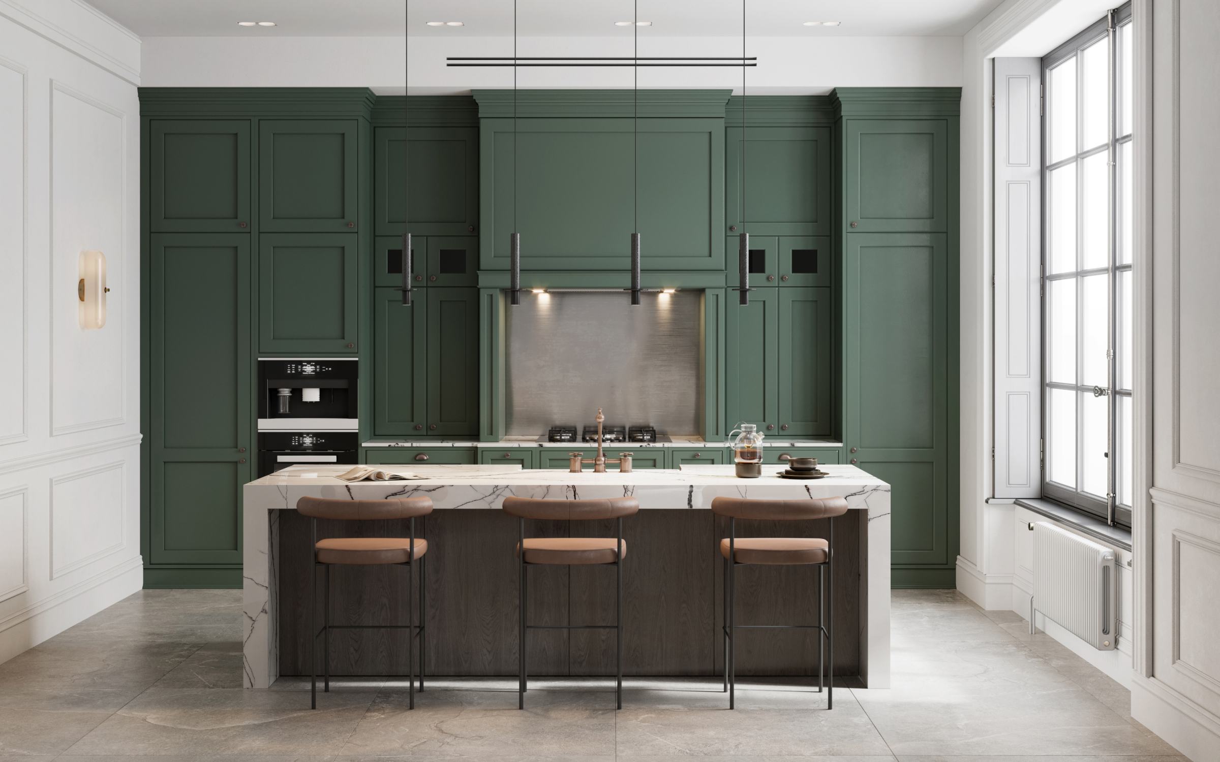Kitchen with deep green cabinetry, a marble island and three bar stools under slim pendant lights