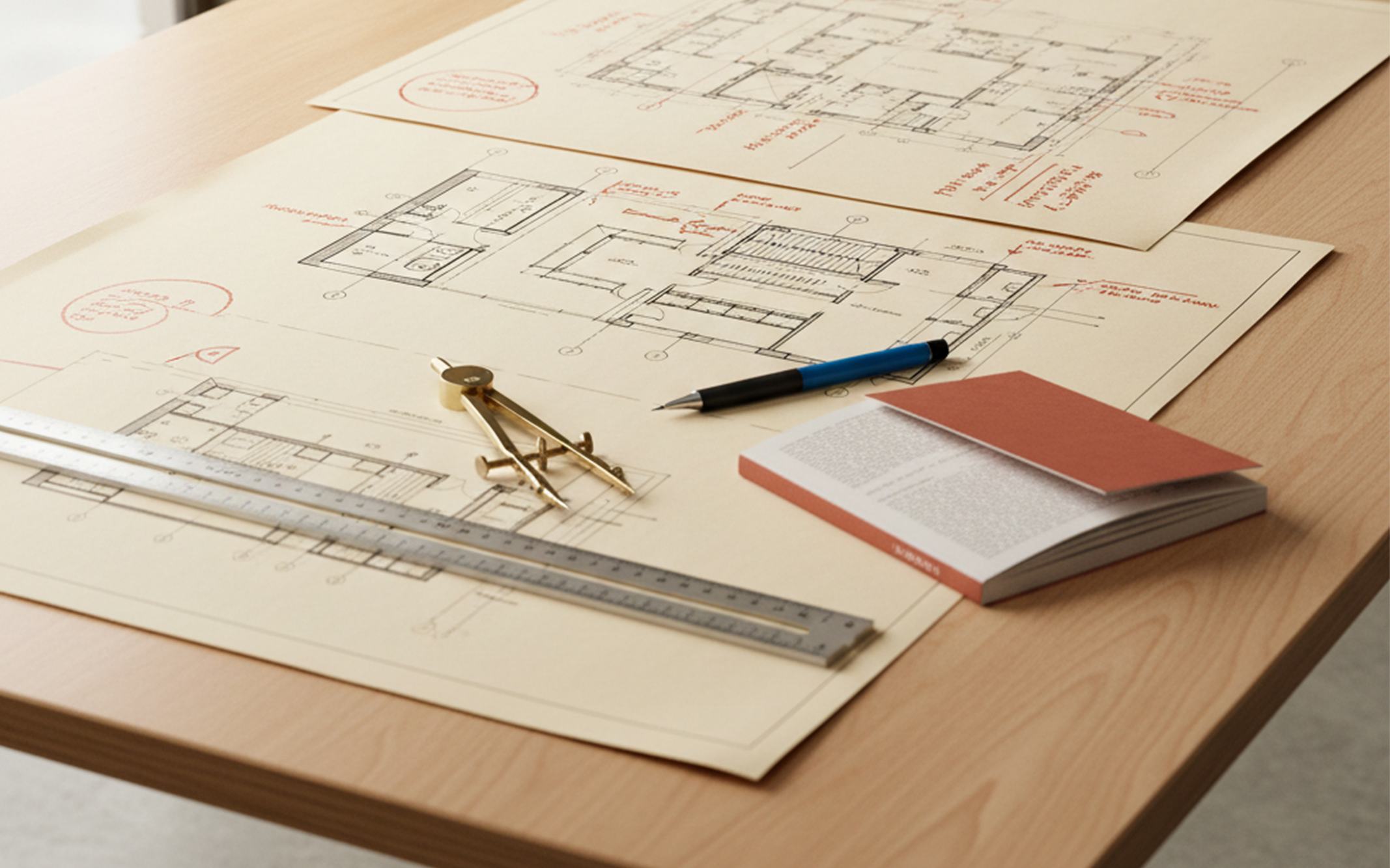 Architectural plans on a timber desk with a brass compass, steel rule, pen and notebook