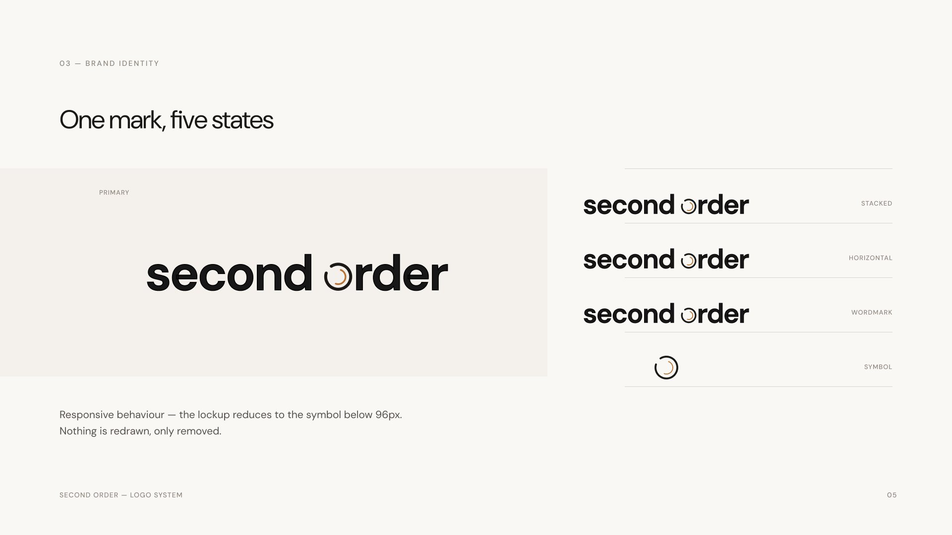 Second Order logo system: the wordmark with a crescent O, shown in its stacked states down to the symbol alone